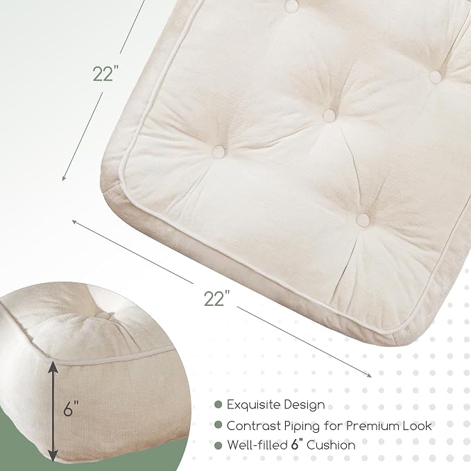 HIGOGOGO 6" Extra Thick Floor Pillow Cushion for Adults, Meditation Cushion Pillow with Handle, Lustrous Chenille Tufted, Square Floor Sitting for Tatami Living Room or Yoga, 22x22 Inch, 2Pack, Beige