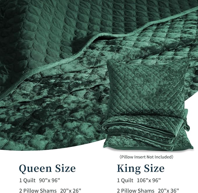 Luxury Soft Velvet Quilt Set Queen Size - Lightweight Velvet Bedding Set for All Season, Oversized Bedspread Coverlet Comforter Set with 2 Pillow Shams, Green, Diamond