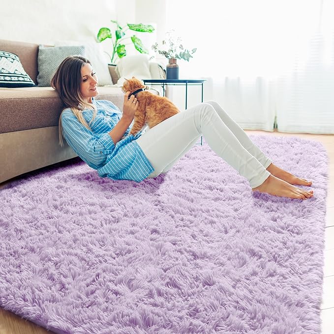 PAGISOFE Purple Rugs for Girls Bedroom 6x9 Ft Fluffy Living Room Area Rugs, Soft Bedside Princess Rug for Kid's Room Nursery Christmas Home Decor Shag Carpet for Kids Playroom,Plush Mermaid Kawaii Rug