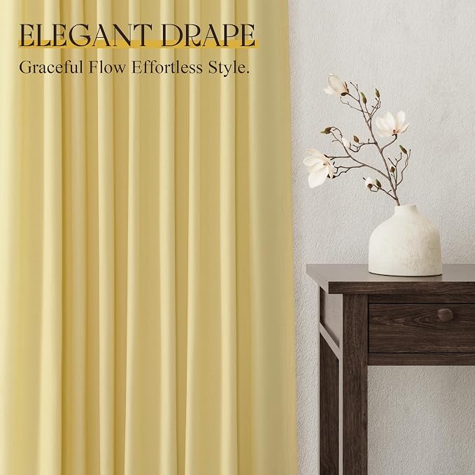 Jowels Yellow Linen Curtains 90 Inch Long 2 Panels for Living Room | Light Filtering Semi Sheer Curtain, Back Tab Pocket Pleated Look, Boho Farmhouse Textured Privacy Drapes for Bedroom Window