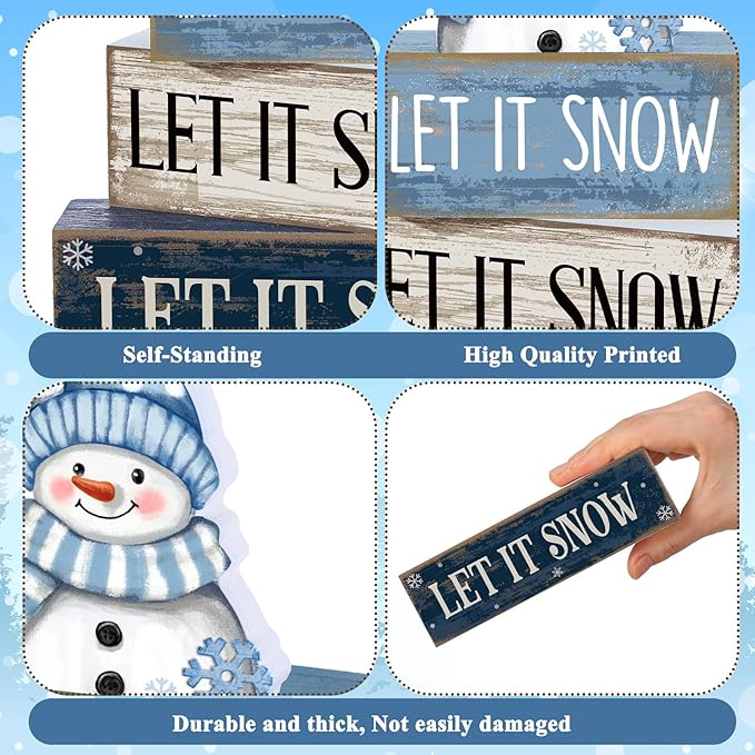 Lineshading 4 Pcs Winter Table Decoration Blue and White Snowman Decor Winter Tiered Tray Decor Christmas Centerpiece Decorative Wooden Snowman Block Sign Gift Christmas Decoration for Home Kitchen
