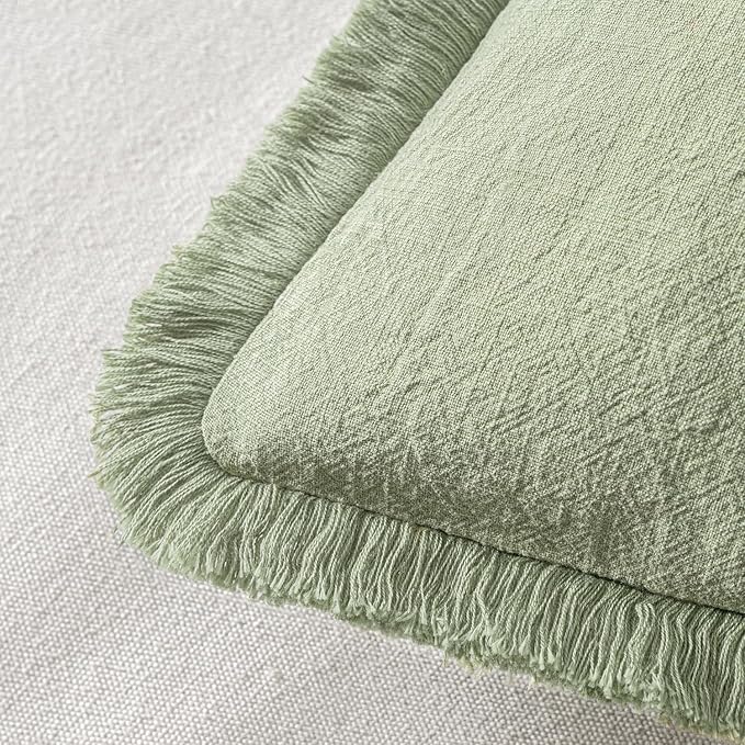 MIULEE Decorative Throw Pillow Covers Neutral Linen Fringe Throw Pillows Set of 2 Sage Green Boho Farmhouse Cushion Covers with Tassels for Couch Sofa Bed Living Room Spring Home Decor 18x18 Inch