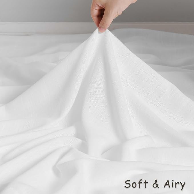 White Linen Curtains 72 Inches Long 2 Panels Set for Living Room Dining Grommet Flax Linen Drapes Light Filter Semi Sheer Boho Farmhouse Neutral Window Curtain 72 Inch Length for Closet Bedroom