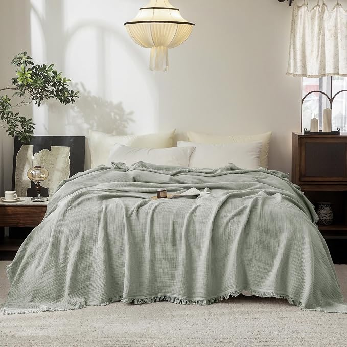 FOSSA Muslin Blanket 4-Layer 100% Cotton Gauze Blanket with Fringe 108"x98" | Super Soft Breathable Lightweight All Season & Decorative Blanket or Bed, Sofa, Office (Sage Green,Super King)