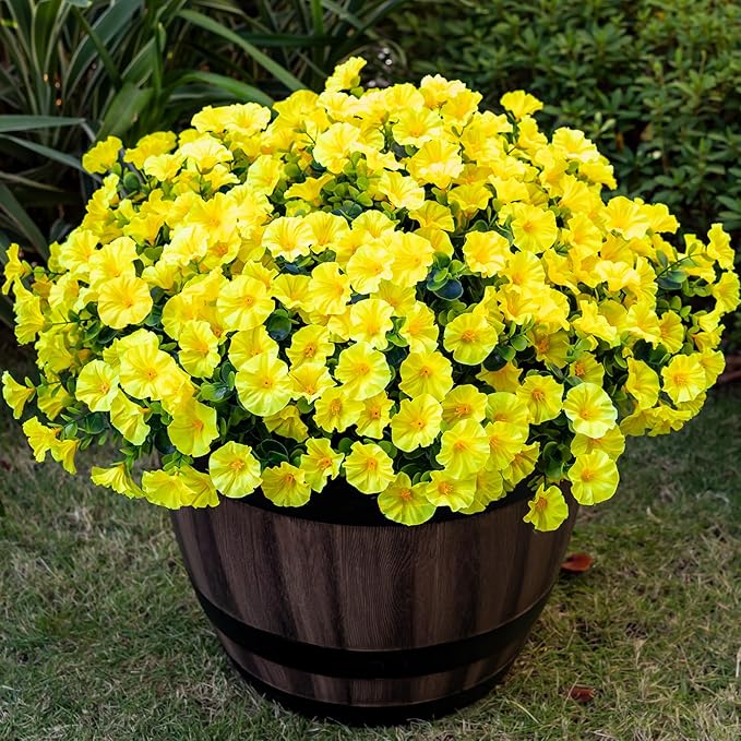 Nigirior Artificial Faux Flowers for Outdoor 16 Bundles Boxwood Fake Morning Glory for Planter,UV Resistant Fake Flowers for Home Porch Patio Outside（Yellow）