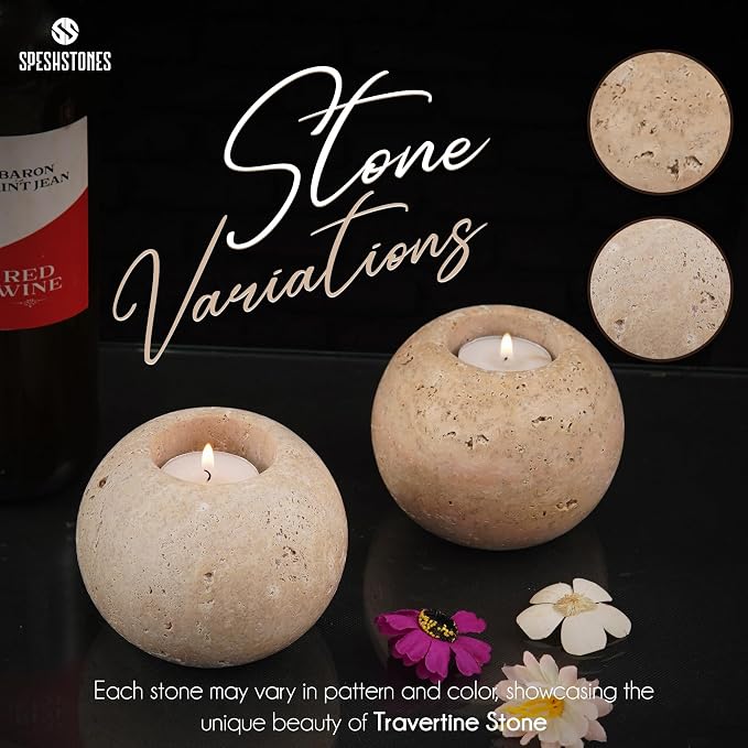 Marble Tealight Candle Holders 4 Inch Travertine Votive Candles Holder for Gifts, Tea lights Candles Set of 2 For Birthday, Wedding, Dining Tables Centerpieces & Valentines day Decorations