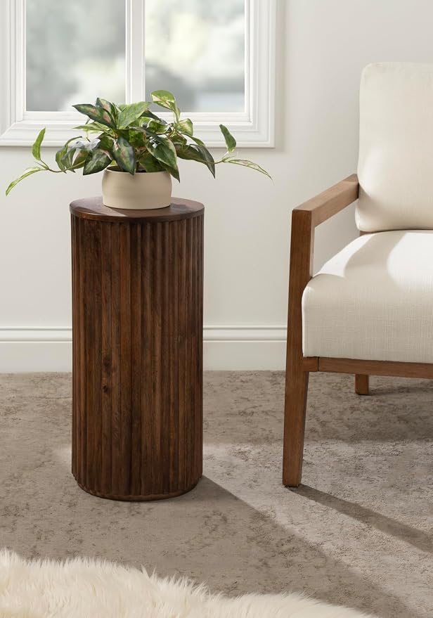 Kate and Laurel Reid Modern Wooden Ribbed Drink Table; 10 x 10 x 22; Walnut Brown; Solid Wood Mini Table for Use as Pedestal Plant Stand Indoors or Small Nightstand Option