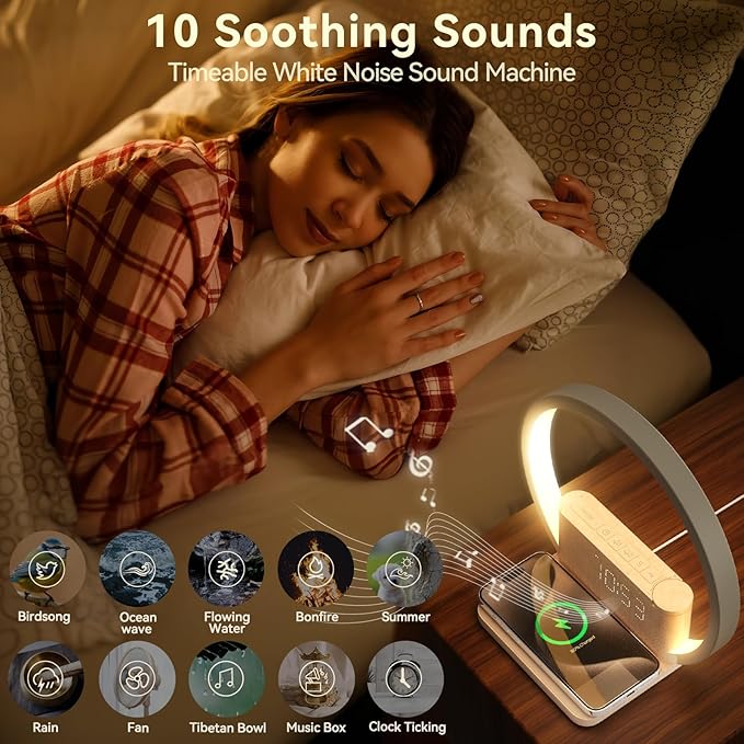 Vivilumens Sunrise Alarm Clock Wireless Charger, 10 White Noise Sound Machine Alarm Clock with 30/60/90 Mins Timer, 3 Levels Touch Night Light Dual Clocks for Heavy Sleeper Bedroom Decor Gift for Her