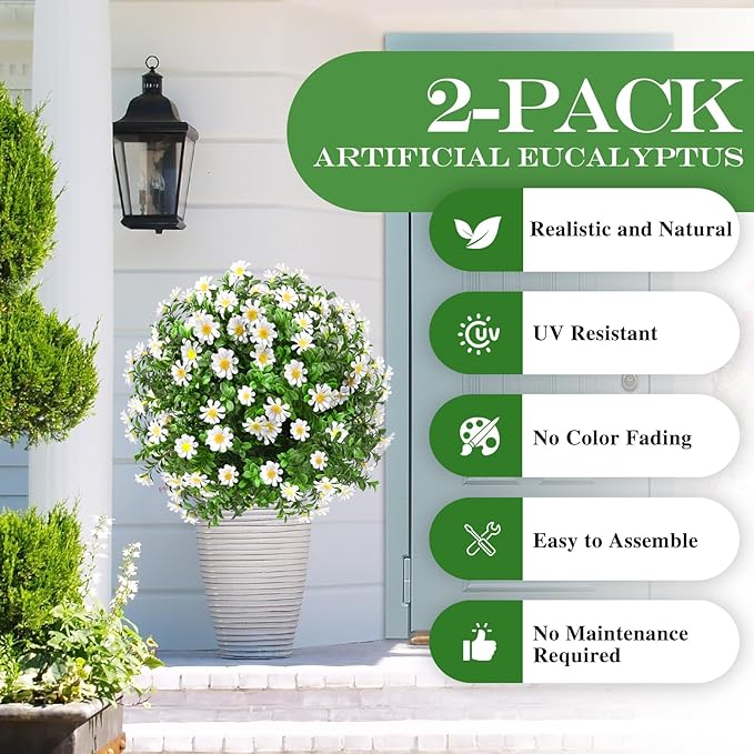 FAJUNZH Artificial Topiary Bushes for Outdoors with Spike, Boxwood Ball Fake Shrubs UV Resistant Faux Plants for Indoor Outdoor Fall Thanksgiving Halloween Decor (Sunflower Boxwood White -2 Packs)