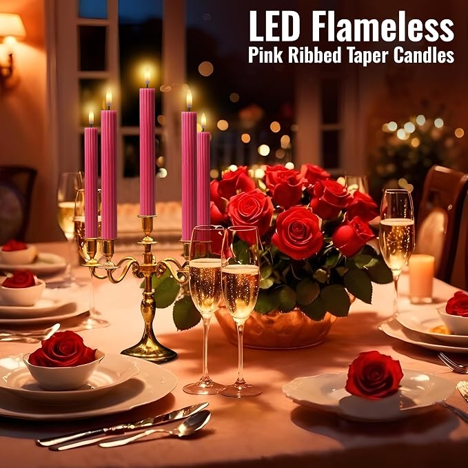 6 Pack, 10" LED Flameless Real Wax Pink Ribbed Taper Candles w/Remote Controller, On/Off Button, Dimmable, Flicker/Static Mode, Battery Operated, Holiday Christmas Menorah Wedding Decor