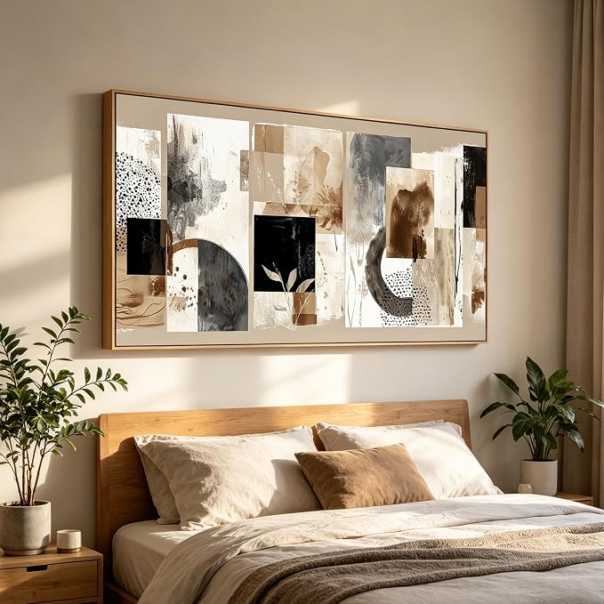 Sorbrozo Framed Abstract Collage Wall Art Modern Botanical Leaf Polka Dot Canvas Print Neutral Earth Tone Mixed Media Style Picture for Living Room Office Bedroom Decor 20x40 inch