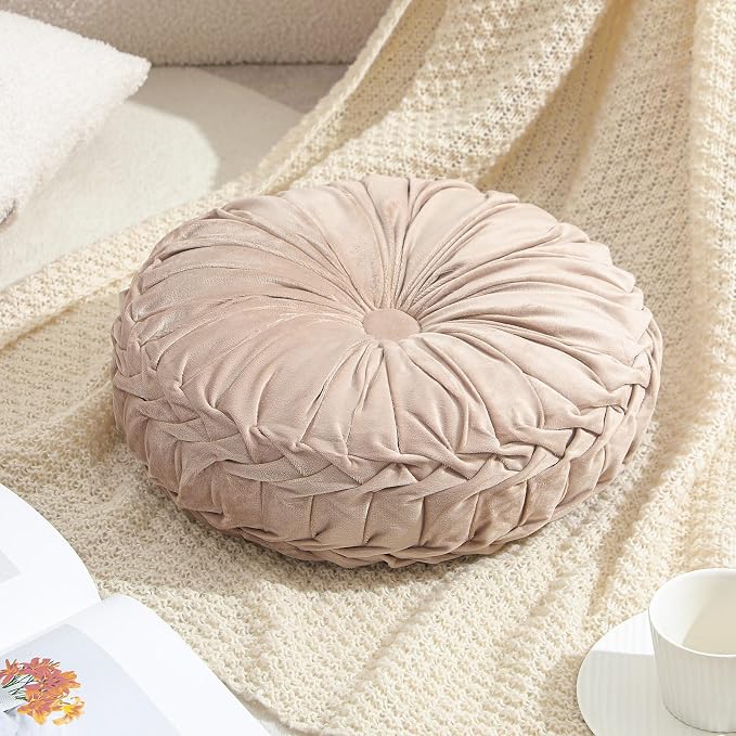 Drydiet 1 Pcs Round Throw Velvet Pillows Decorative Pleated Throw Pillows Diameter Accent Pumpkin Boho Chair Cushion for Couch Sofa Home Decoration (Greige,15'')