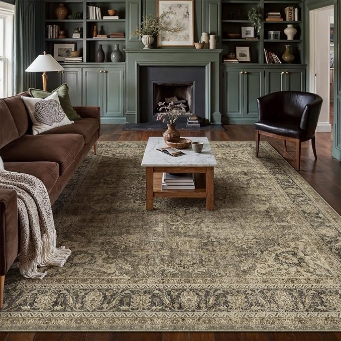 9x12 Washable Area Rug Brown Vintage Non Slip Soft Medium Pile Rug for Living Room Bedroom Dining Room Office Distressed Oriental Indoor Large Throw Carpet for Home Decor