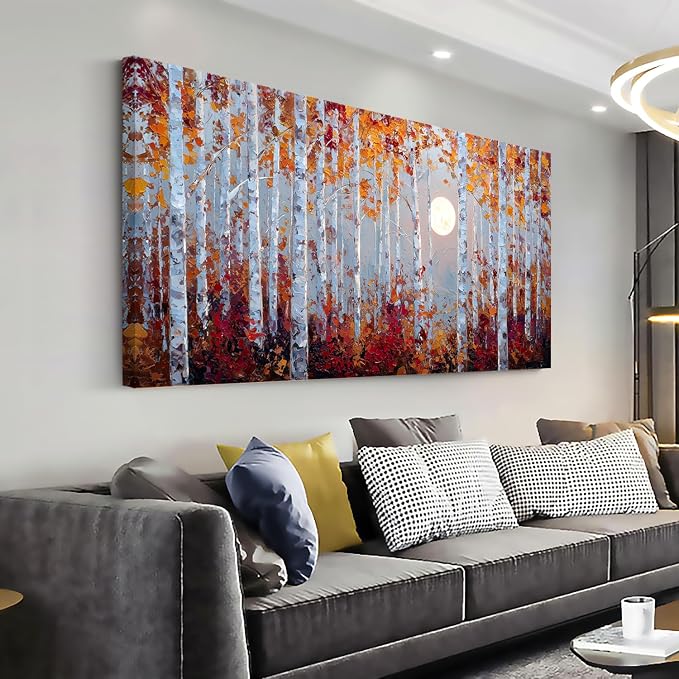 Ggaafet Birch Forest Wall Art for Bedroom Canvas Oil Painting Prints Beautiful Moon Night Art Deco Modern Artwork Office Family Dining Room Decor