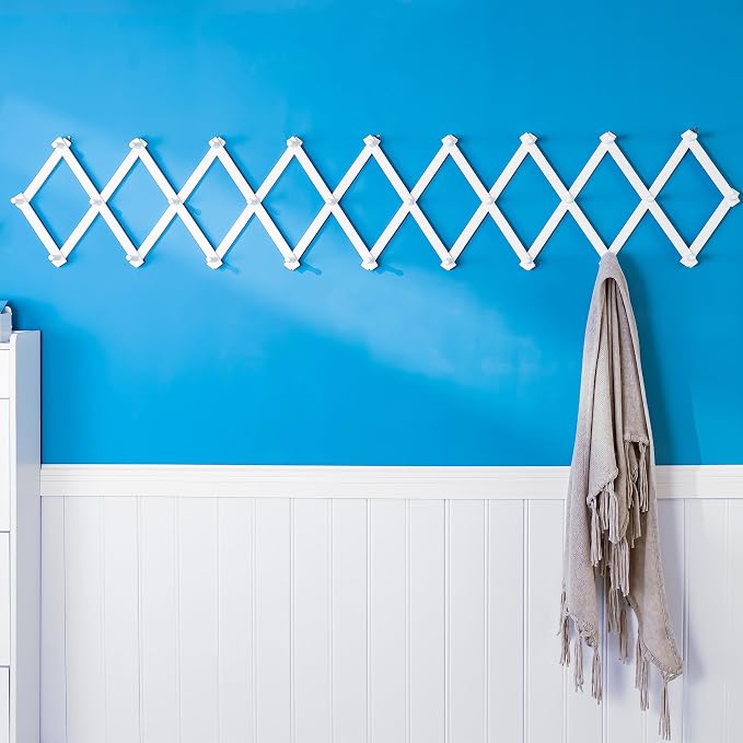 SKOLOO Accordion Wall Hanger with 28 Hooks, Modern Expandable Coat Rack Hat Rack for Wall, Solid Wooden, White
