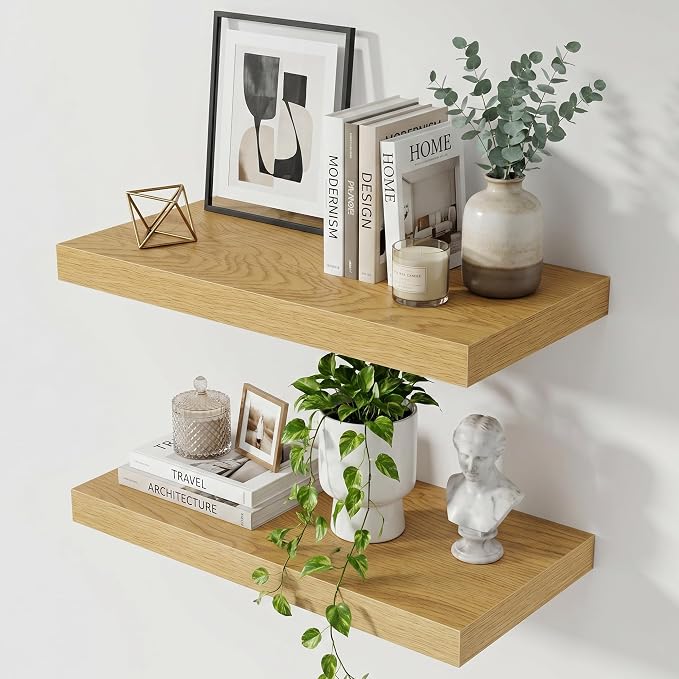 Acovy 24 Inch Floating Shelves for Wall,12" Deep Floating Shelf Set of 2 with Invisible Brackets,Rustic Farmhouse Wall Mounted Shelf for Kitchen,Bathroom,Living Room,Bed Room,Oak