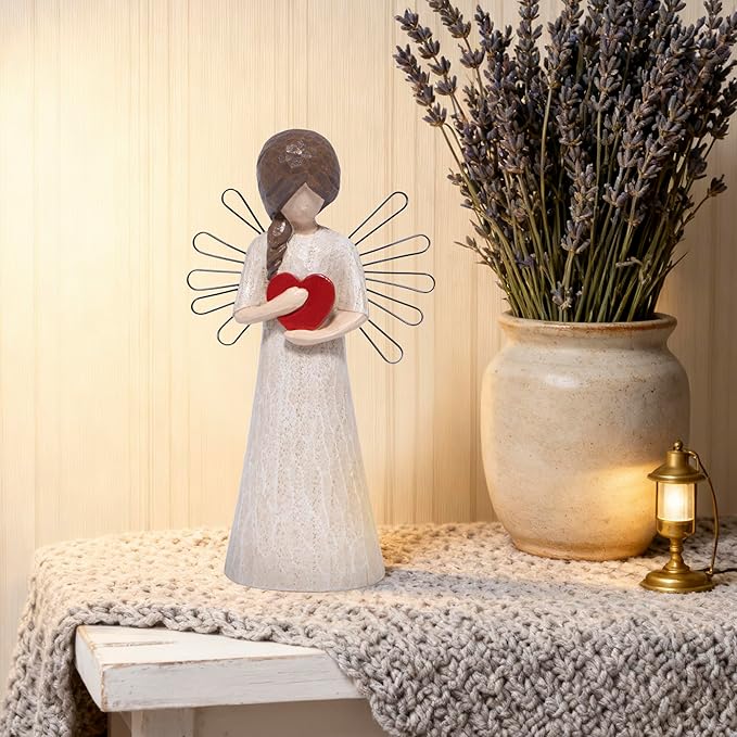 Hodao Angel Figurine with Red Heart, 5.1" Resin Wood-Carved Look with Metal Wire Wings, Hand-Painted Indoor Home Decorations, Spiritual Holiday Decor Ornaments, Gift-Ready Box