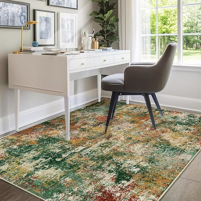 RELEANY Washable Area Rugs 8'x10' Non-Slip Modern Abstract Soft for Living Room Entryway Bedroom Nursery, Print Pattern, Green Orange Rust Red Cream Colorful