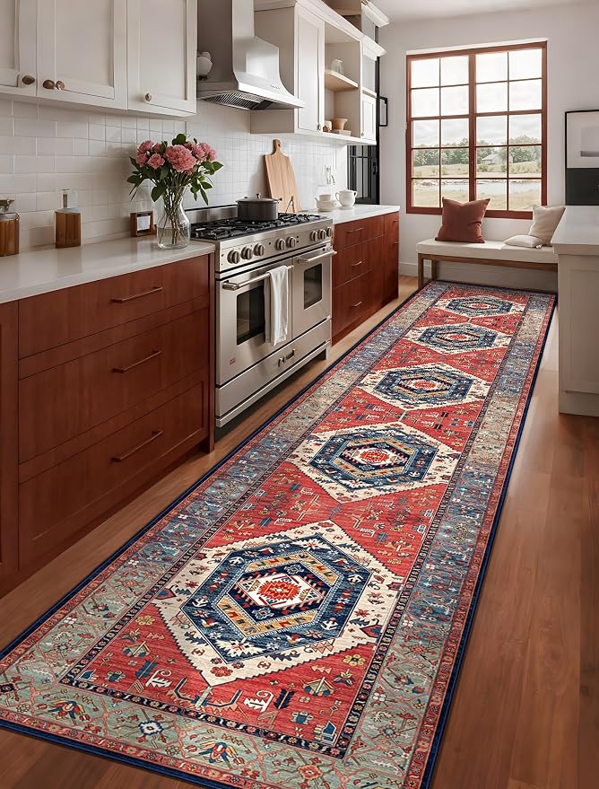 SERISSA Runner Rug for Hallways, 2'6"x14' Washable Non Slip Kitchen Runner Rug, Extra Long Boho Rug Ultra Soft Vintage Rust Print Floor Carpet for Bedroom Hallway Entryway Bathroom Laundry Room