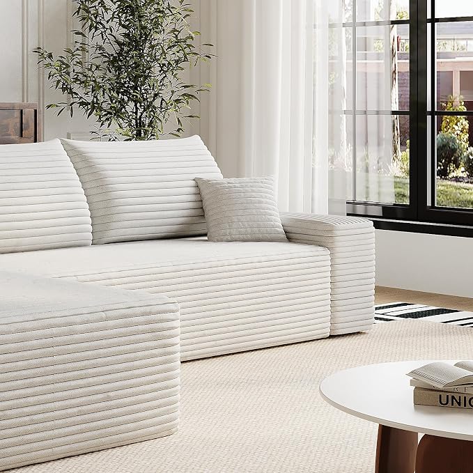 107" Corduroy Couch for Office, Cloud L Shape Sofa, Deep Seat Comfy Couches for Living Room Bedroom Apartment, Compressed Foam No Assembly Required, Left Facing Chaise, White