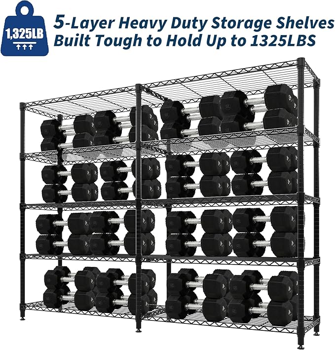 Garvee 70" H Storage Shelves L-Shaped Shelving Unit, 5-Tier Metal Shelves 1325 LBS Capacity, Heavy Duty Wire Shelving Storage Rack with Adjustable Shelf for Kitchen Pantry Bedroom Corner