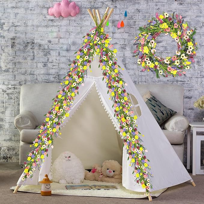 2Pcs 6 ft Artificial Wildflower Garlands Wisteria Lavender Garland Daisy Lavender Faux Floral Vine Summer Spring Floral Fake Wreath All Year Round Home Decor for Indoor Outdoor Home Wedding Arch