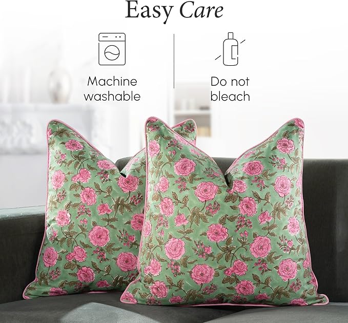 CPC 100% Cotton Throw Pillow Covers 24x24 Inch, Set of 2 Pink Block Print Pattern Couch Pillow, Cute Boho Decorative Pillows for Living Room, Bedroom with Hidden Zipper- Pink Tourmaline