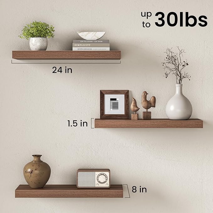24" Floating Shelves for Wall, Set of 3, 8" Deep, 1.5" Thick, Walnut Finish | Rustic Wood Wall Shelves with Invisible Brackets, Storage and Display for Bathroom, Bedroom, Living Room or Kitchen