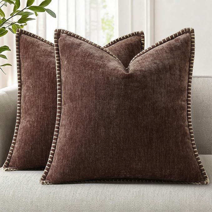 decorUhome Chenille Soft Cozy Throw Pillow Covers 16x16 Set of 2, Modern Farmhouse Boho Velvet Decorative Pillow Cases with Stitched Edge for Couch Sofa Bed Home Decor, Chocolate