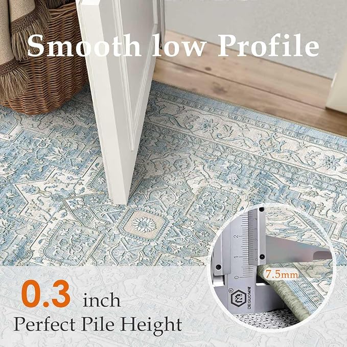 2x8 Washable Vintage Runner Rug Blue Oriental Hallway Kitchen Throw Rug Neutral Non Slip Soft Low Pile Carpet for Bathroom Laundry Bedroom Living Room
