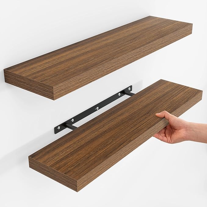 Fun Memories Rustic Wood Floating Shelves for Wall, Space-Saving Wall Mounted Shelves for Bathroom, Bedroom, Living Room and Kitchen, Stylish Storage & Display (Set of 2, Walnut, 30 in)