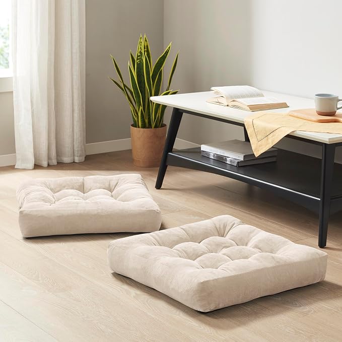 Degrees of Comfort Floor Cushion 6 Pack for Meditation, Office & Studio – Corduroy Soft Seating Set, 22 Inch, High-Density Foam, Square Shape, Beige