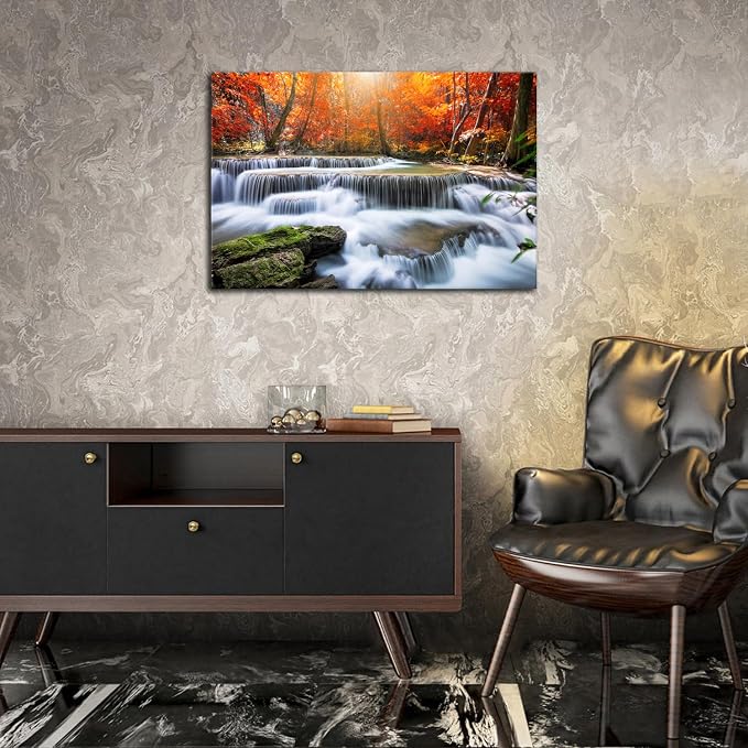 Waterfall Wall Art Nature Forest Mountain Landscape Wall Decor Bathroom Tropical Red Maple Leaves Canvas Prints Living Room Rustic Sunshine Scenery Artwork for Kitchen Office Bedroom Decoration 20x30"