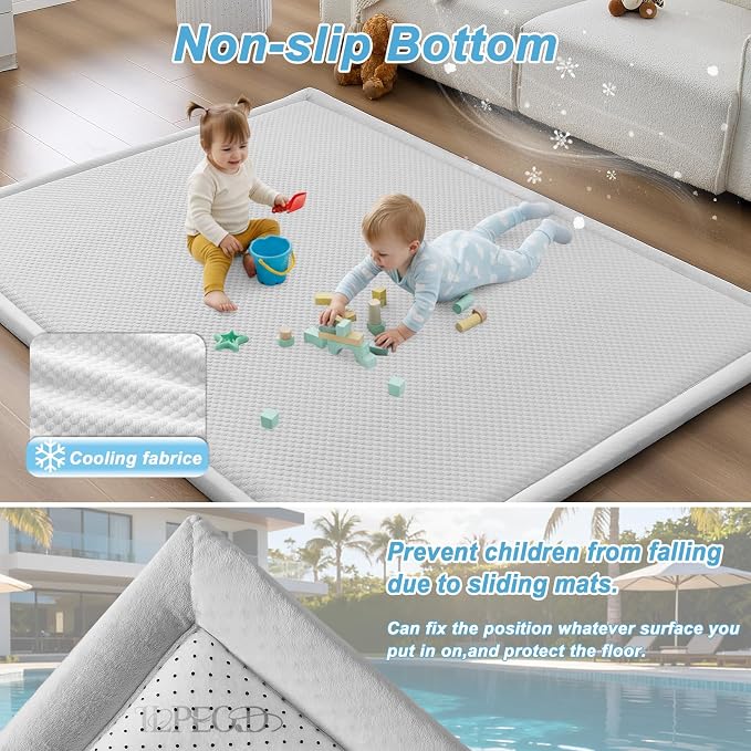 Baby Play Mat for Floor Nursery Rug Muscle Area Rug Playroom Rug 50x50" Playpen Mat Elastic Foam 1.3" Thick Crawling for Babies,Toddlers, Infants, Kids(Ripple Light Grey)