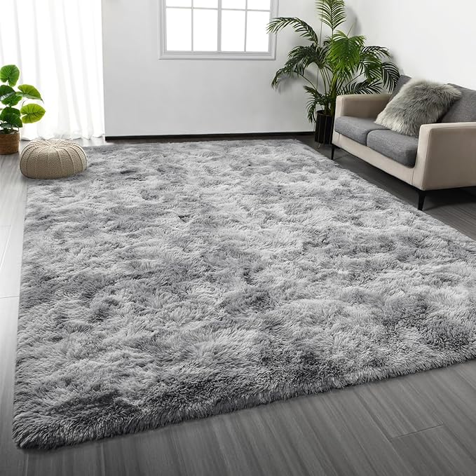 Deerhoo Large Shag Area Rugs 9 x 12, Tie-Dyed Plush Fuzzy Rugs for Living Room, Ultra Soft Fluffy Furry Rug for Bedroom, Indoor Carpet Nursery Rugs for Kids Room Home Decor, Light Grey