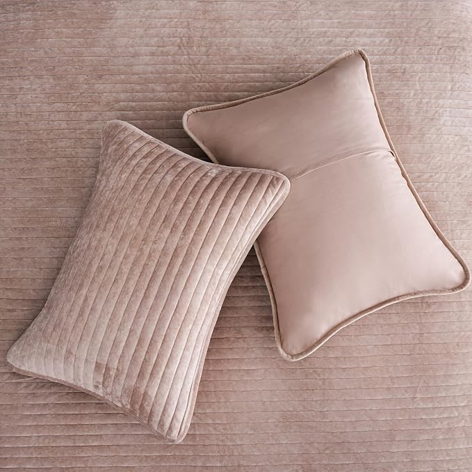 PHF Luxury Velvet Quilt Set King Size – 3PCS Ultra Soft Quilted Comforter Alternative with Striped Channel, Cozy Quilted Bedspread, 1 Coverlet with 2 Matching Shams, 108" x 92", Rose Pink