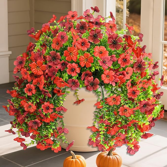Homsunny Artificial Fake Flowers Plants for Outdoor Decoration, 2 PCS Faux Mums Summer Flowers for Outside UV Resistant Realistic for Porch Patio Garden Yard Balcony Home Decor(Red Brown)