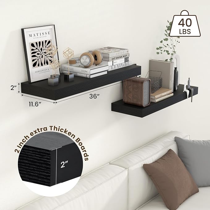 FLYJOE 12'' Deep Floating Shelves, 36 Inch Black Floating Shelves Set of 2, 36''x 12'' x 2'' Rustic Black Wood Shelves, Include Metal Brackets and Hardware, 45Lbs Load Bearing Capacity