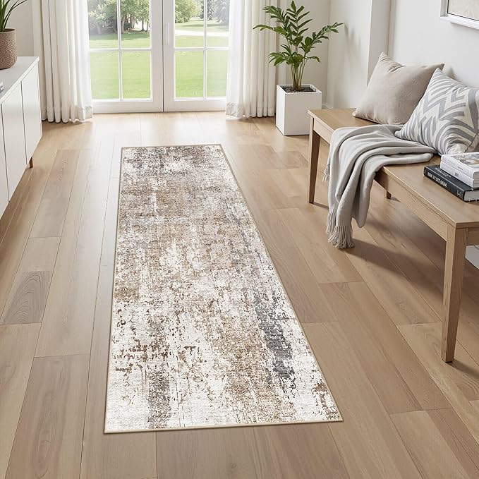UERMEI 2X6 Washable Runner Rug for Hallway: Soft Neutral Modern Abstract Area Rug - Non-Slip Low Pile Long Throw Indoor Carpet for Kitchen Entryway Kitchen Bedroom Laundry Bathroom - Brown/Grey/Red