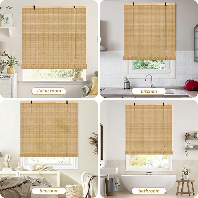 Bamboo Shades for Indoor Windows - Roll Up Shades 48Wx72L Light Filtering Hanging Window Blinds for Patio Indoor/Outdoor Porch