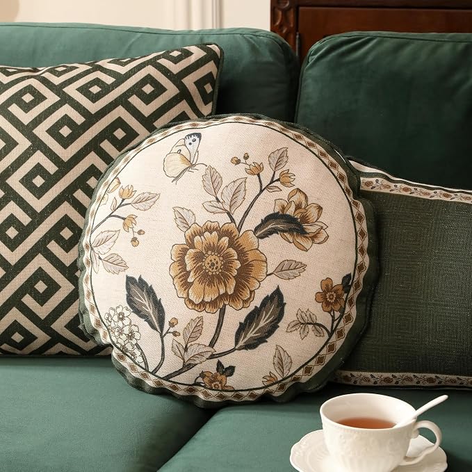 ISAENNE Vintage Linen Throw Pillow Cover,Set of 2,Diameter 16"-Murad D | Designer French Pillow Cover,Concealed Zipper Design,Sofa,Bedroom,Living Room,Lounge Chairs,All Season Home Decor