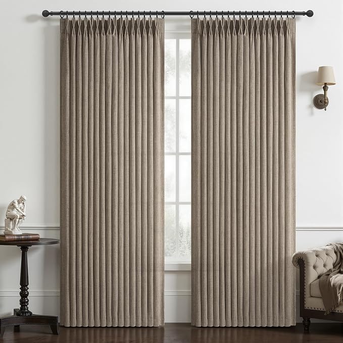 Dark Flax Pinch Pleated Curtains 90 Inches Long for Dining Room, Memory Shape Natural Linen Semi Sheer Country Light Filtering Viral Drapes Brown Colored Privacy Bedroom Heavy Window Curtain 2 Panels
