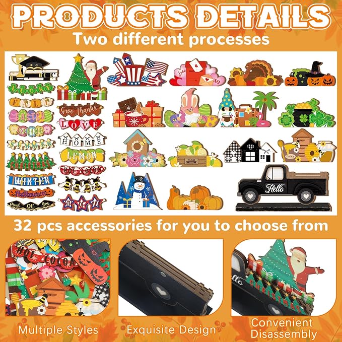 34 Pcs Small Interchangeable Patriotic Truck Decor 4th of July Table Centerpiece Holiday Seasonal Sign Farmhouse Wood Home Office Desk Accessories Memorial Day Tiered Tray Decorations Gift