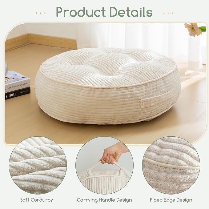 HIGOGOGO 6" Extra Thick Floor Pillow Cushion for Adults, Meditation Cushion Pillow, Large Round Floor Sitting, Tufted Corduroy Cover, for Tatami Living Room or Yoga, 22x22 Inch, Beige