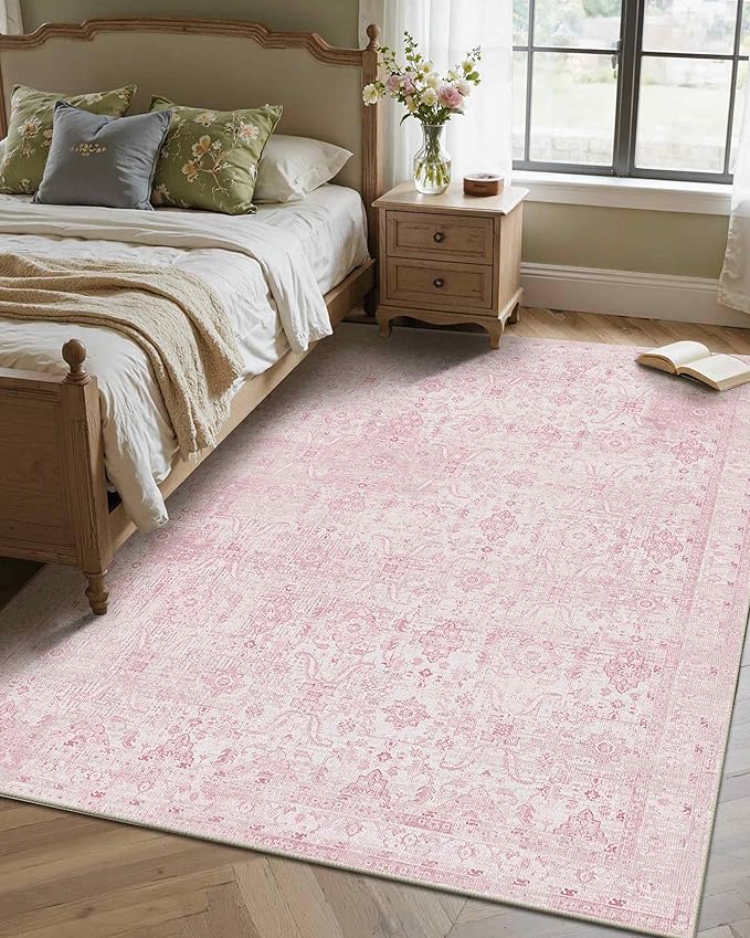 Rugxara 4x6 Rug for Living Room Bedroom, Pink Washable Throw Rugs, Vintage Retro Boho Area Rugs, Non Slip & Low Pile Accent Carpet for Indoor Nursery Room, Dining Room, Kids Girls Room