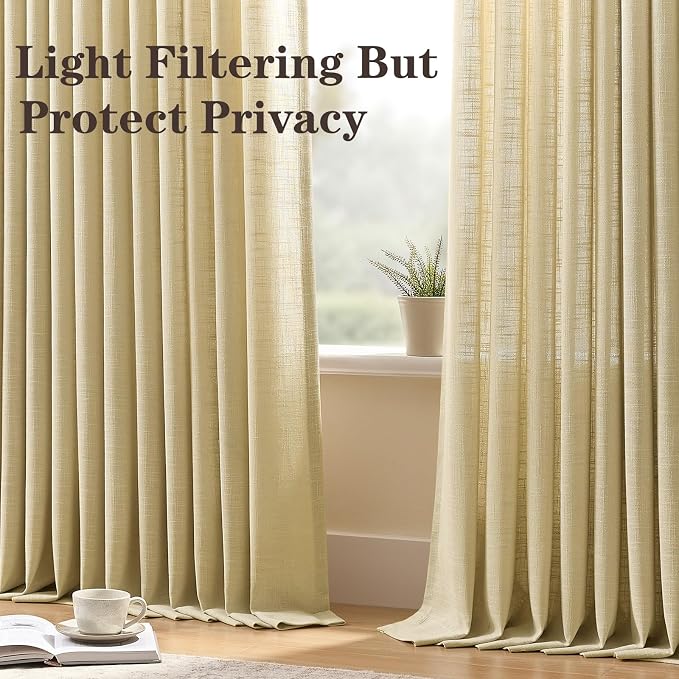 Pinch Pleated Extra Wide Linen Curtains 102 Inch Long for Sliding Glass Door, Grey Beige Light Filtering Curtain Textured Semi-Sheer Pleat Drapes with Hooks 60 Inch Width for Living Room Farmhouse