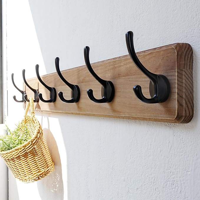 Dseap Wall Mounted Coat Rack: 24" Long, Patented, Heavy-Duty, 6-Double-Hooks Wooden Hanger Rail for Winter Coats, Hat, Jacket, Clothing - Weathered Brown, Pack of 2