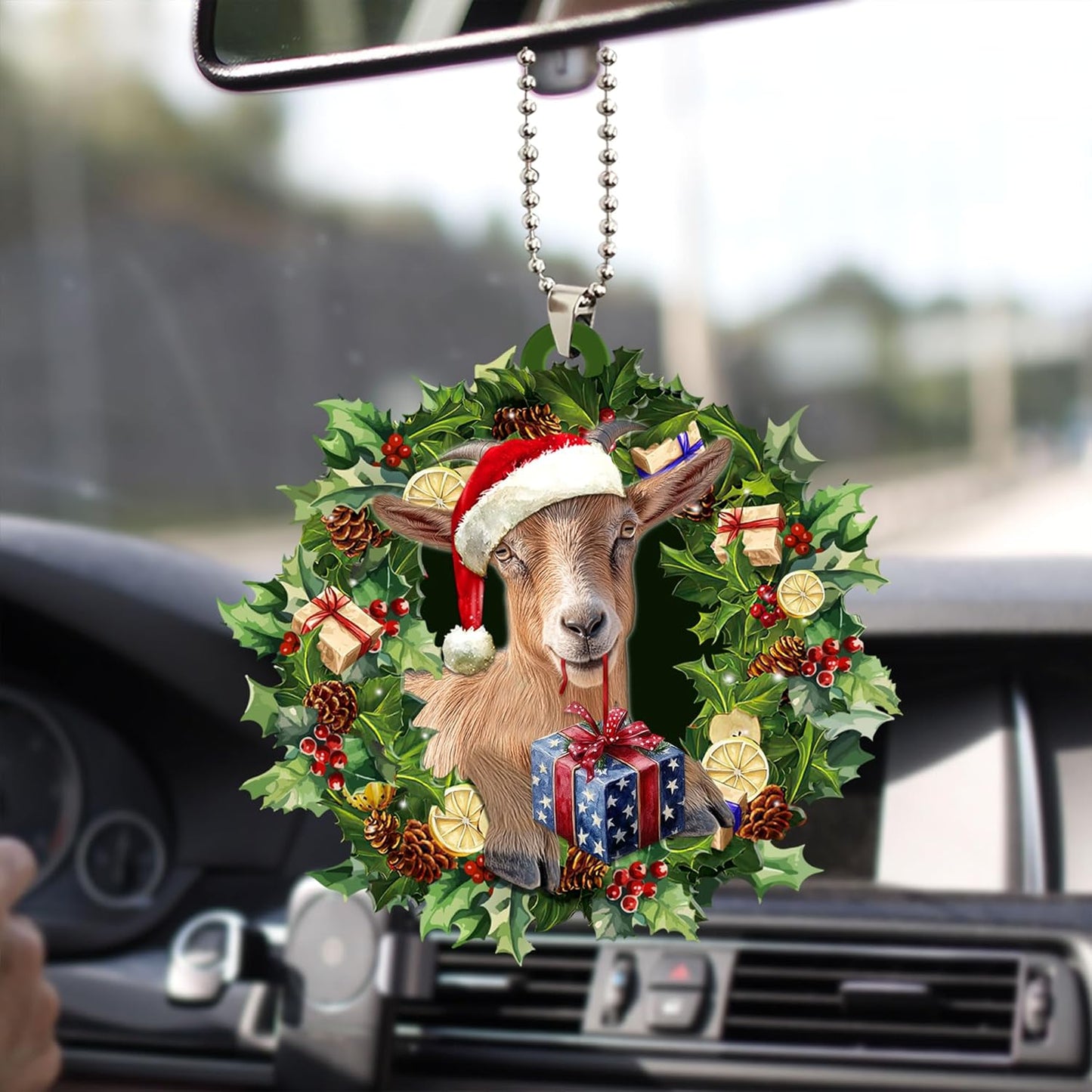 Talataca Goat Wearing A Christmas Hat Wreath Farm Lover 2D Flat Car Rear View Mirror Accessories Christmas Tree Ornament Decoration Hanging Charm Interior Rearview Pendant Decor Gift