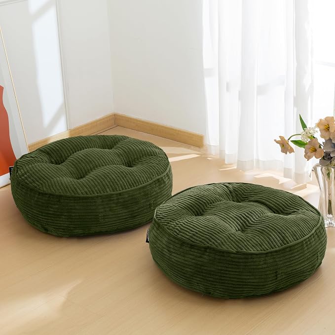 HIGOGOGO 6" Extra Thick Floor Pillow Cushion for Adults, Meditation Cushion Pillow, Large Round Floor Sitting, Tufted Corduroy Cover, for Tatami Living Room or Yoga, 22x22 Inch, 2Pack, Dark Green