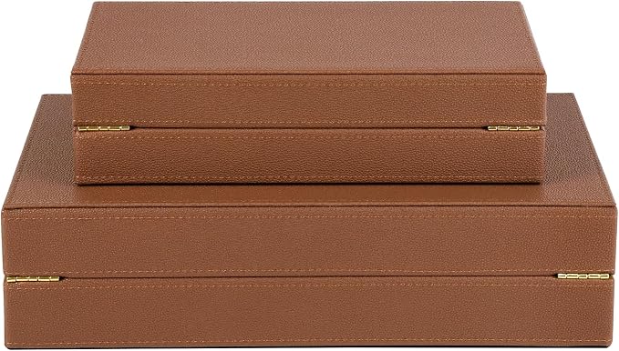 HofferRuffer Faux Leather Decorative Boxes Set of 2, Large Nesting Keepsake Box Accessory Organizer Jewelry Organizer with Hinged Lid, Stacking Storage Box Container for Home or Office (Brown)